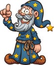 Happy cartoon wizard holding a finger up