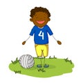 Happy cartoon young black boy football player smiling with ball Royalty Free Stock Photo