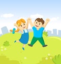 Happy cartoon young boy and girl kids jumping for joy with their hands in the air on city and blue sky background. Royalty Free Stock Photo