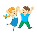 Happy cartoon young boy and girl kids jumping for joy with their hands in the air. Flat vector illustration, isolated on Royalty Free Stock Photo