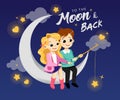 Happy Cartoon Young Couple in Love is Sitting on The Moon in the Evening Sky and Fishing For The Star. Flat style Royalty Free Stock Photo