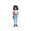 Happy casual woman standing pose smiling african american girl holding handbag female cartoon character full length flat