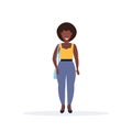 Happy casual woman standing pose smiling african american lady holding handbag female cartoon character full length flat