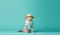 Happy Cat Balinese In A Hat Beachwear Teal Blue Background. Generative AI