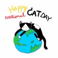 Happy cat day cat sleeping on planet cartoon vector