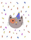 Happy cat face in colorful cap on confetti background.