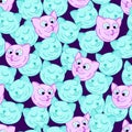 Happy cat faces seamless pattern, kawaii animals, cute cartoon drawing pets