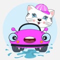 Happy cat girl driving lilac car. Greeting card