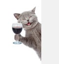 Happy cat holding a wineglass behind a white and blank banner. isolated on white background