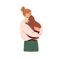 Happy cat owner, woman holding cute kitty, purring in arms, hands. Young girl hugging, cuddling big feline animal. Love Royalty Free Stock Photo