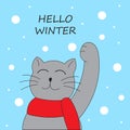 Happy cat plays with snow. Hello winter. Greeting card or sticker design. Vector