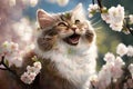 A happy cat in spring surrounded by flowers. Concept illustration Royalty Free Stock Photo