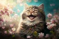 A happy cat in spring surrounded by flowers. Concept illustration Royalty Free Stock Photo