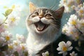 A happy cat in spring surrounded by flowers. Concept illustration Royalty Free Stock Photo