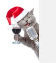 Happy cat with wineglass and retro microphone in red christmas hat peeking from behind empty board. isolated on white background Royalty Free Stock Photo