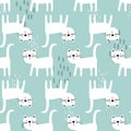 Happy cats, blue and white seamless pattern. Decorative cute background with animals