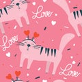 Colorful seamless pattern with happy cats, hearts. Decorative cute background with animals, love. Romantic wallpaper