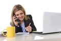 Happy Caucasian blond business woman working talking on mobile phone Royalty Free Stock Photo