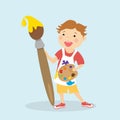 Happy caucasian boy with big paint brush and palette,cute male kid character