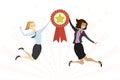 Happy caucasian business women or office workers in jump. Successful team holds winner medal. Award ceremony for winners
