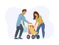 Happy Caucasian couple walking with baby toddler in stroller. Smiling parents and child Royalty Free Stock Photo