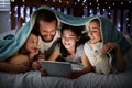 Happy caucasian family with two children using digital tablet lying under blanket in the dark at night with their faces Royalty Free Stock Photo