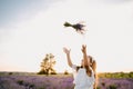 Happy Caucasian Girl with Violet Lavender Bouquet