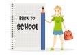 Happy caucasian kid schoolboy with big pencil and school bag Royalty Free Stock Photo