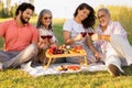 Happy caucasian old and young parents and children enjoy picnic, fruit, food and wine in glasses in park Royalty Free Stock Photo