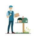 Happy caucasian postman hold parcel. Open mailbox with newspapers, package. Courier in uniform with mailbag. Delivery, post