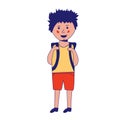 Happy caucasian schoolboy holding a book and waving his hand. Full length of smiling schoolboy making greeting gesture -