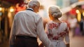 The happy Caucasian senior couple walks in a city street in the evening, journey together concept, Generative AI