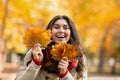 Happy Caucasian woman with bunches of yellow fall leaves laughing at park Royalty Free Stock Photo