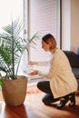 Happy Caucasian woman pouring water from glass jar on green home plant in pot. Large houseplant howea palm in apartment house