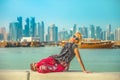 Tourist woman at Doha Corniche Royalty Free Stock Photo