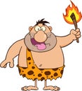 Happy Caveman Cartoon Character Holding Up A Fiery Torch