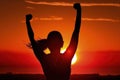 Happy celebrating winning success woman sunset or sunrise Royalty Free Stock Photo