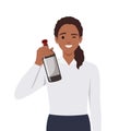 Happy celebrating woman with holding a bottle of wine. Young female character at party or festive event