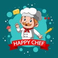 The happy chafe with the white chef hat around the foods Royalty Free Stock Photo