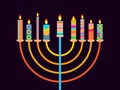 Happy Chanukah. Candlestick with nine candles of different colors. Vector