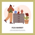 Happy character at flea market buying home decor, poster template flat vector illustration.