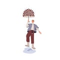 Happy character walking in rain. Smiling excited person strolling under umbrella in rainy weather, stepping into puddle