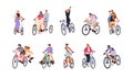 Happy characters on bicycles set. Young active people bikers enjoying bike ride. Excited joyful funny cyclists in motion