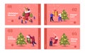 Happy Characters Celebrate Christmas Landing Page Template Set. People at Huge Sock with Gifts and Decorated Fir Tree