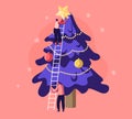 Happy Characters Decorate Christmas Tree. Young Man Holding Ladder, Woman Put Golden Star on Top Royalty Free Stock Photo