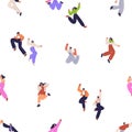 Happy characters, seamless pattern. Young people jumping from joy and fun, celebrating. Excited men, women exulting