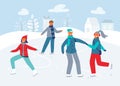 Happy Characters Skating on Ice Rink. Winter Season People Ice Skaters. Cheerful Man and Woman in Winter Clothes Royalty Free Stock Photo