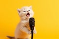 a happy charming kitten sings a cheerful song into a microphone on a yellow background, the concept of creative advertising with