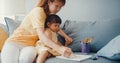 Happy cheerful Asia family mom teach girl paint use album and colourful pencils having fun relax on couch in living room at house