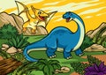 Happy cheerful cartoon of brontosaurus and pterodactyl